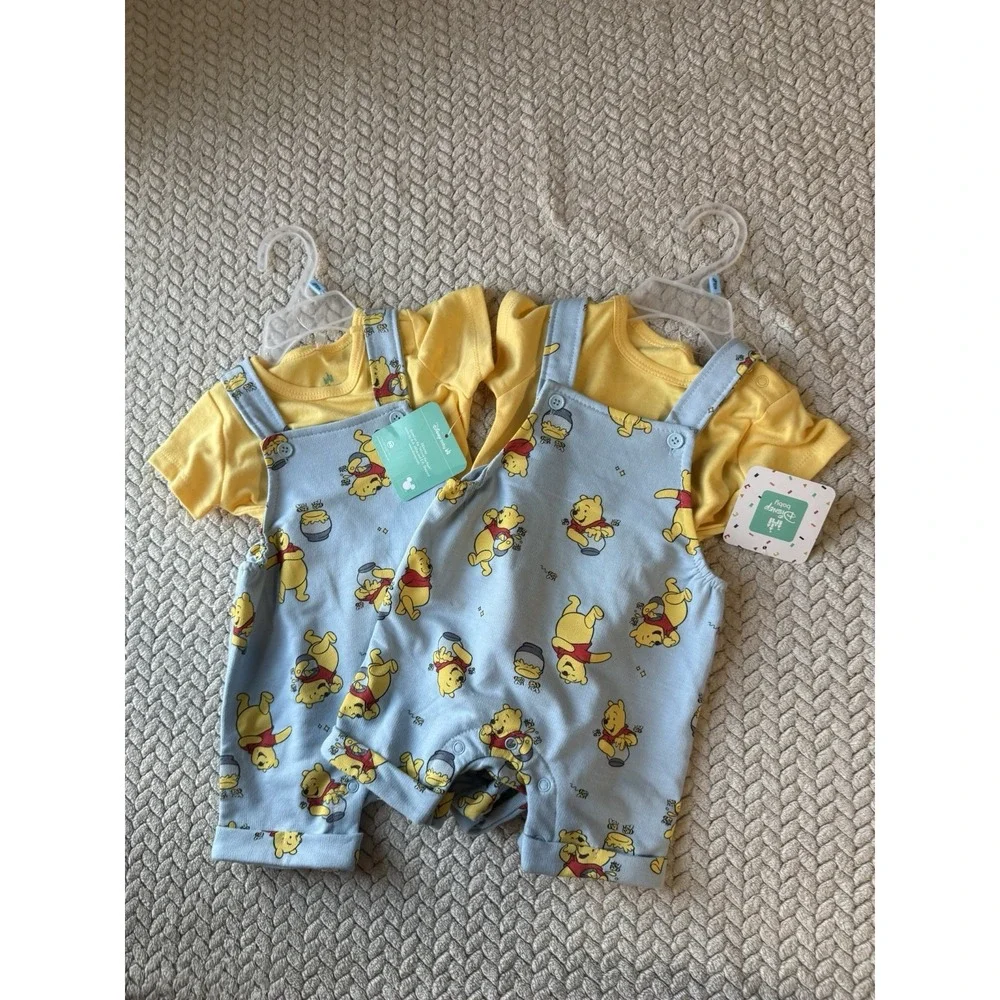 MATCHING TWIN Disney-licensed Winnie the Pooh baby Overalls Size 3 - 6 2 Pairs